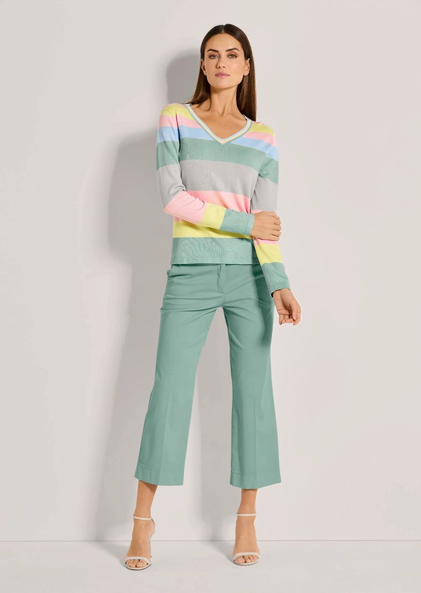 Mehrfarbig Gestreifter V-Ausschnitt Pullover
