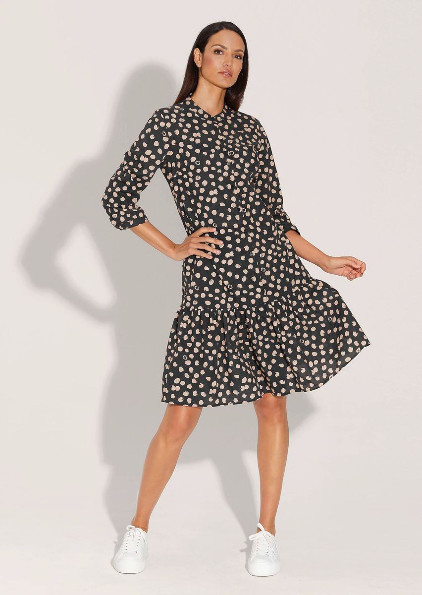 Gepunktetes Hemdblusenkleid mit Volantsaum