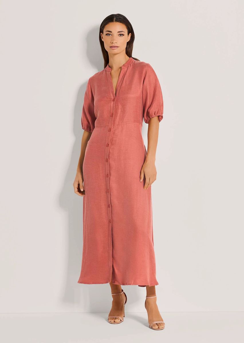 Durchgeknöpftes Maxi-Kleid mit Leinen-Anteil