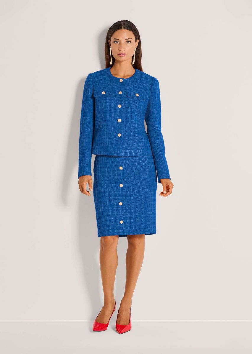 Eleganter kragenloser Kurzblazer in Bouclé-Optik