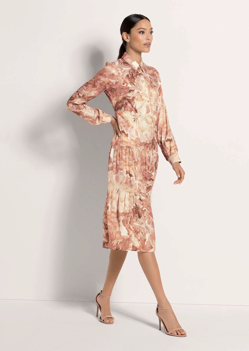 Gemustertes Midi-Hemdblusenkleid mit Stufenrock