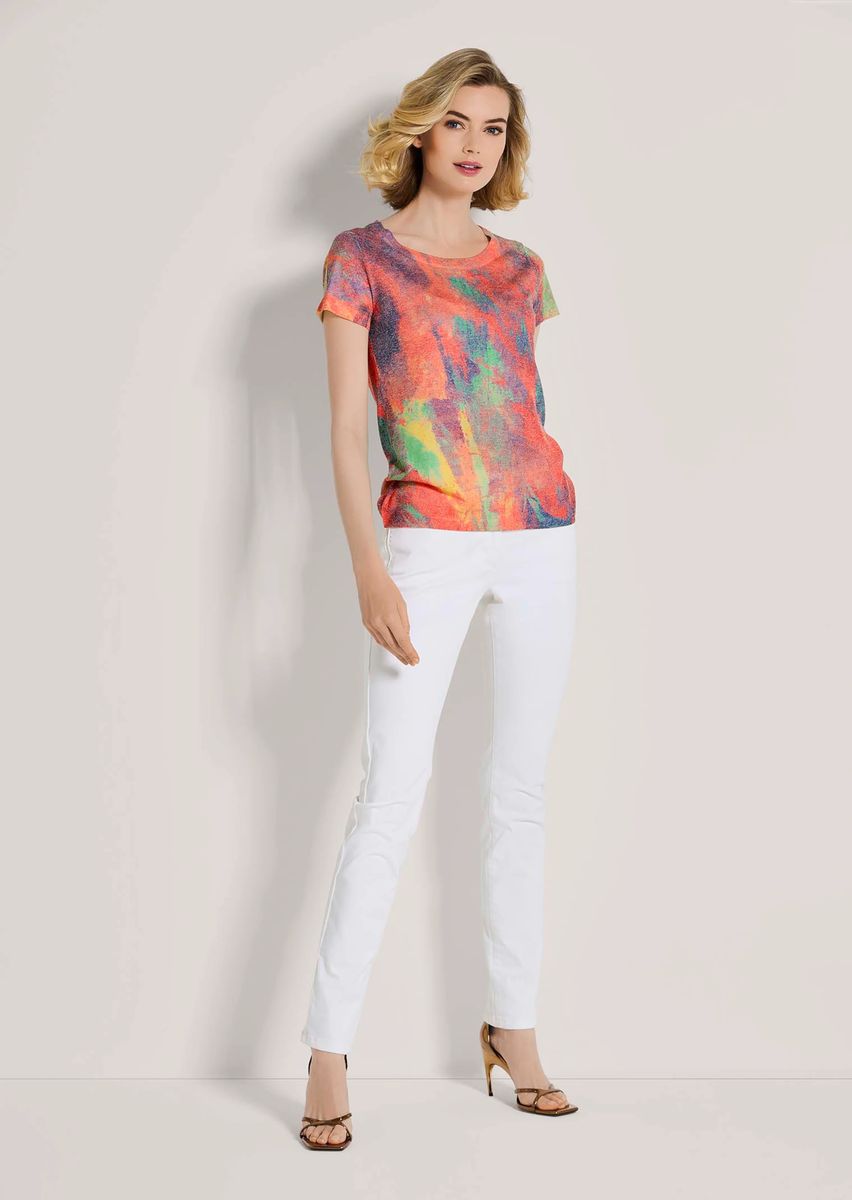 Kurzarm-Feinstrickpullover mit abstraktem Print