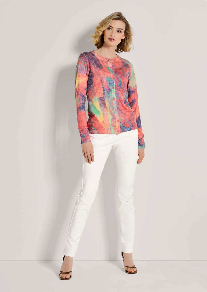 Feinstrick-Cardigan mit abstraktem Unikat-Print