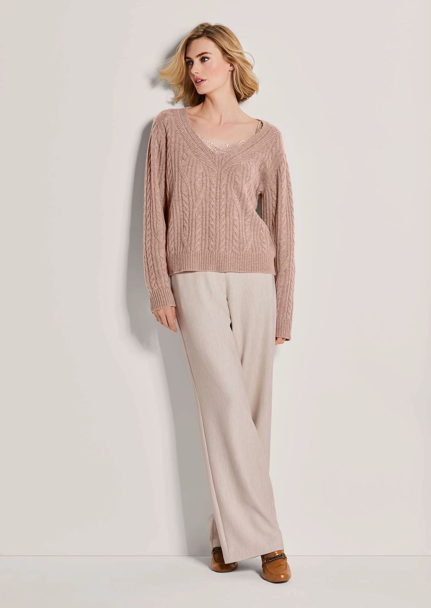 Zopfmuster-Kaschmir-Pullover mit V-Ausschnitt