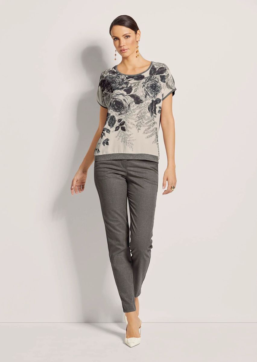 Floral-Print Rundhals-Shirt im Materialmix