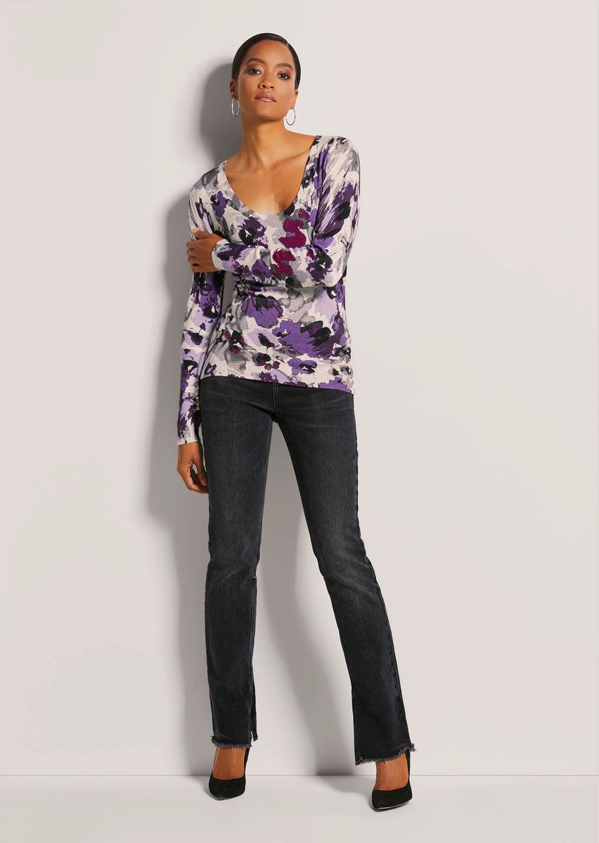 Feinstrick-Pullover mit Aquarell-Blumendruck