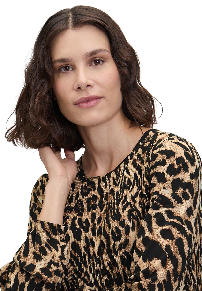 Plissee Kleid mit Animal Print und langen Ärmeln