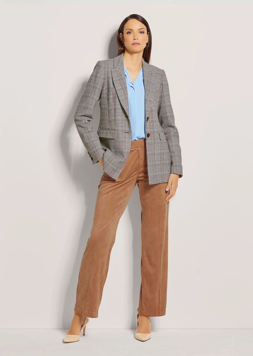 Langer Wollmischung-Blazer mit Karomuster