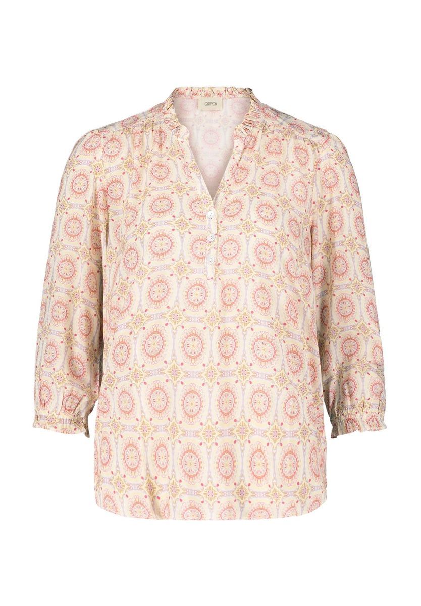 Gemusterte Bluse mit 3/4-Ärmeln und Rüschen