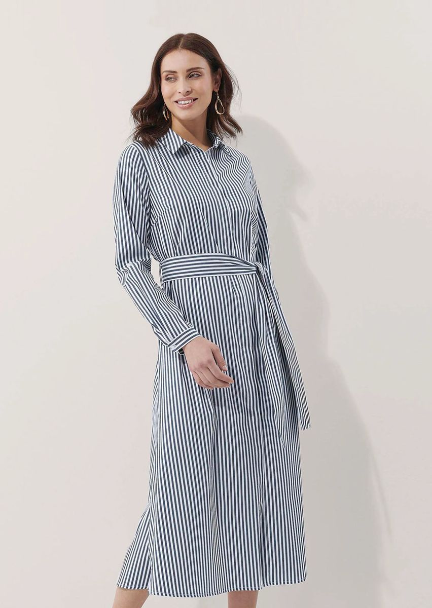 Gestreiftes Midi Hemdblusenkleid mit Gürtel