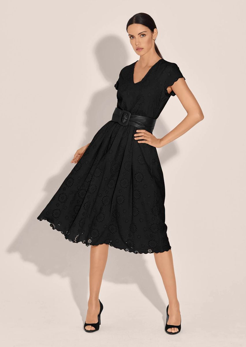 Lochstickerei-Midikleid mit V-Ausschnitt