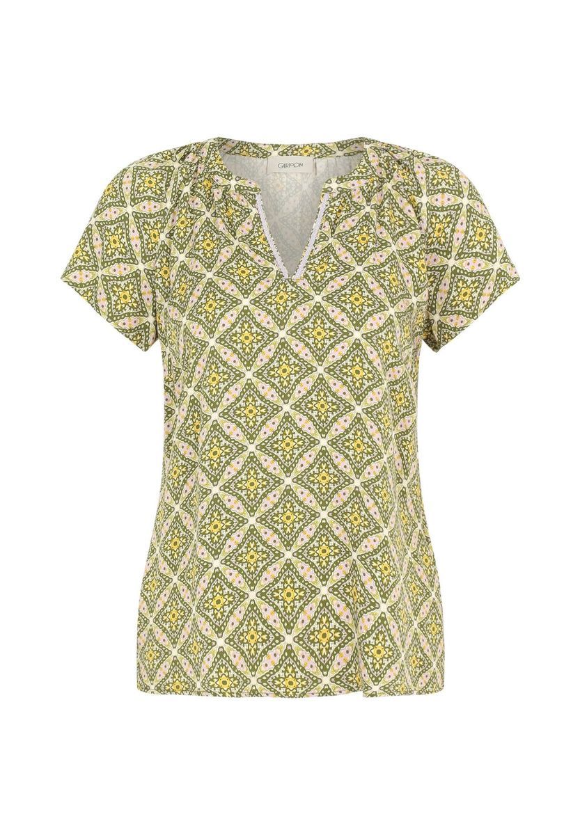 Bedruckte Kurzarm Bluse mit Schlitzkragen