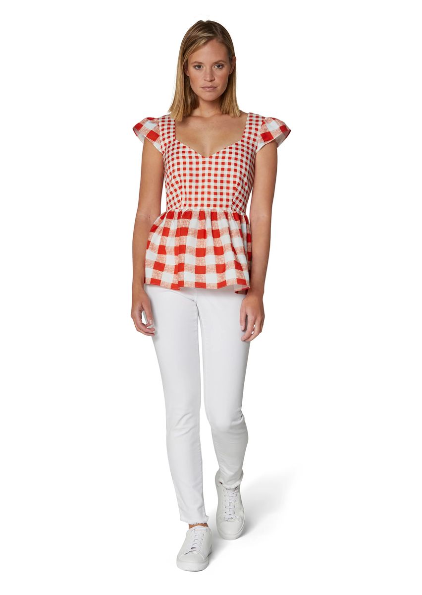Gingham-Bluse mit Herzausschnitt und Schößchen