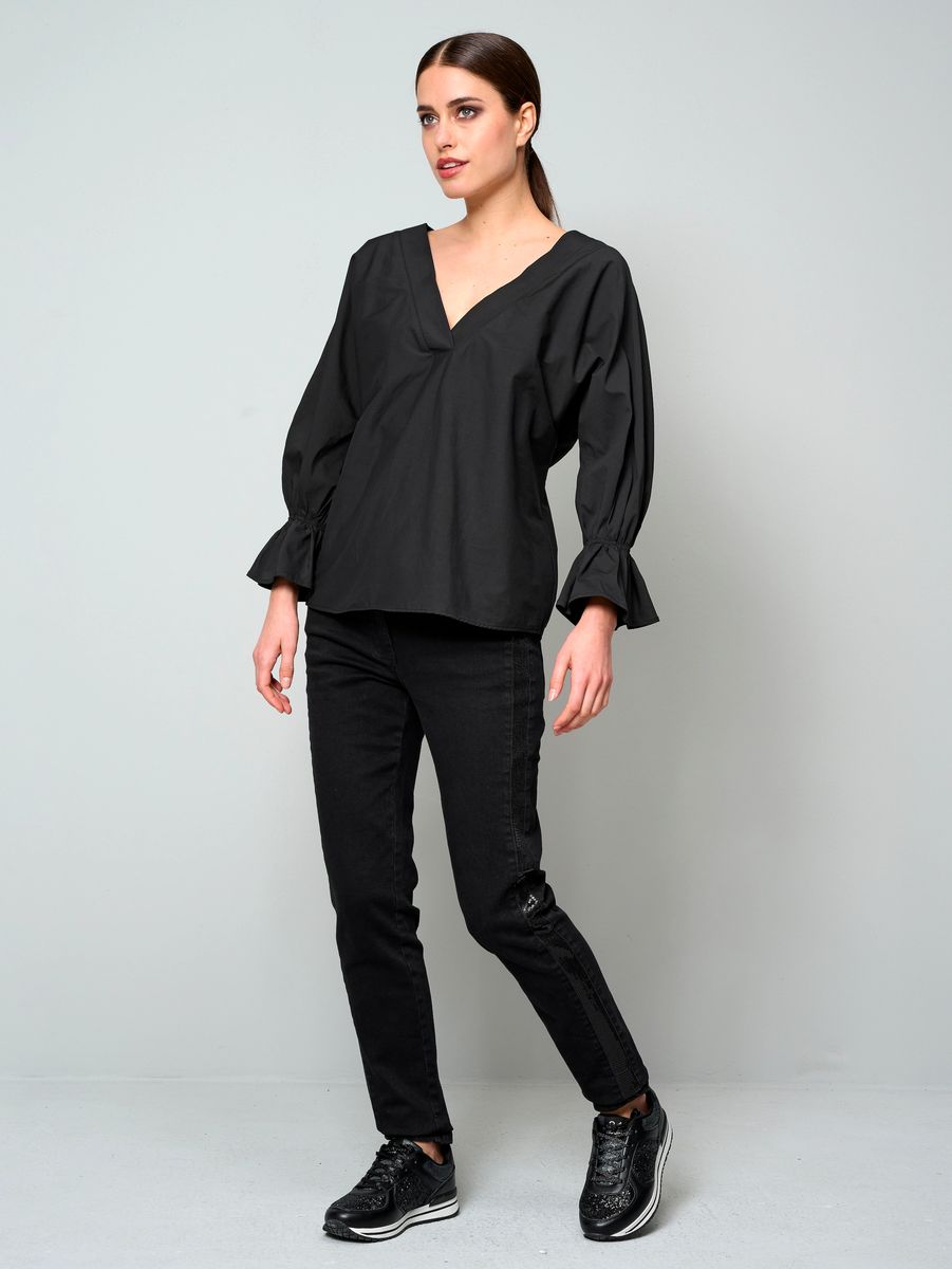 Oversized Popeline-Bluse mit Volant-Ärmeln