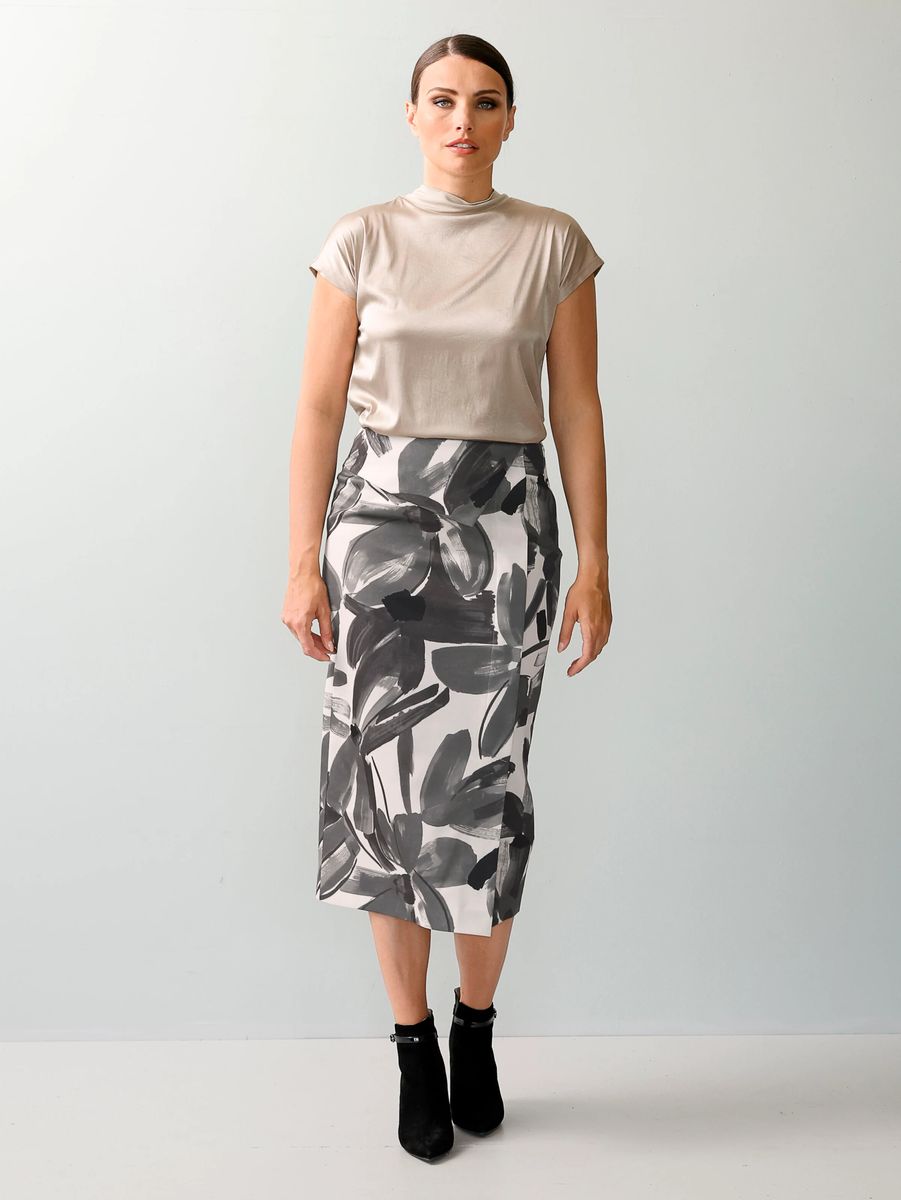 Wadenlanger Bleistiftrock mit abstraktem Blumenmuster