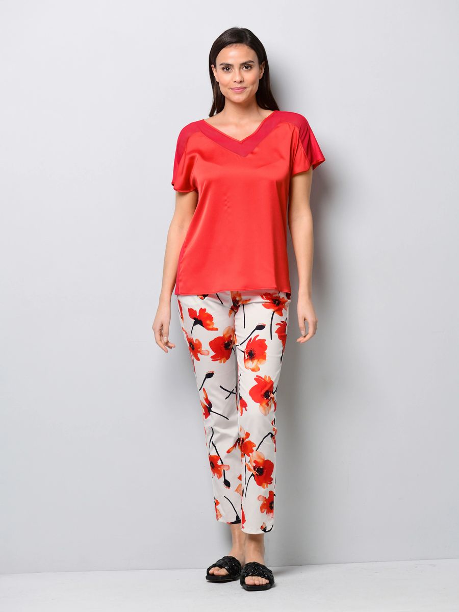 Satin-Shirt mit Netz-V-Ausschnitt