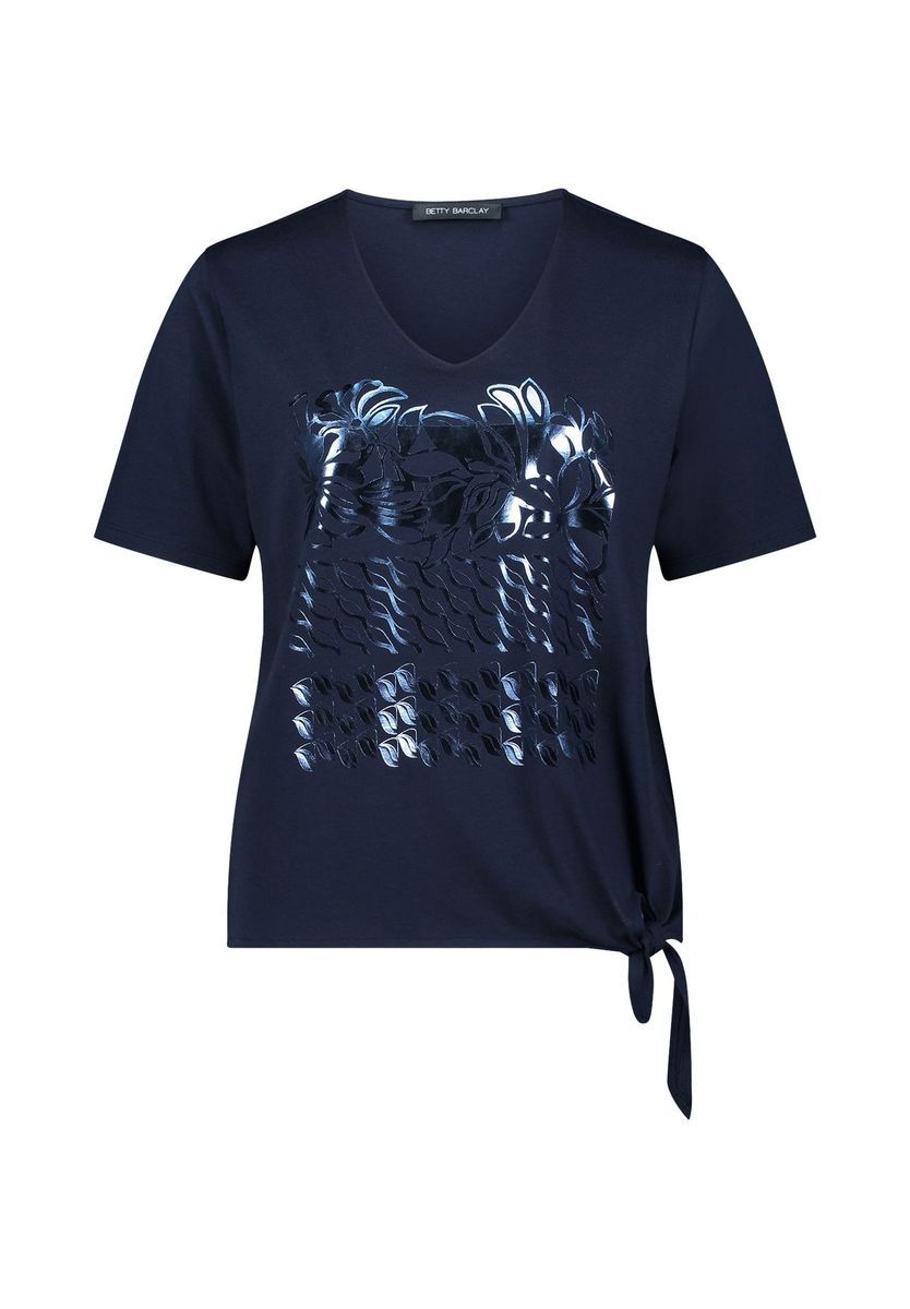 Marineblaues T-Shirt mit V-Ausschnitt und Bindedetail