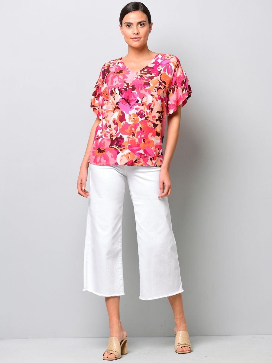 Florale V-Ausschnitt-Bluse mit Volantärmeln