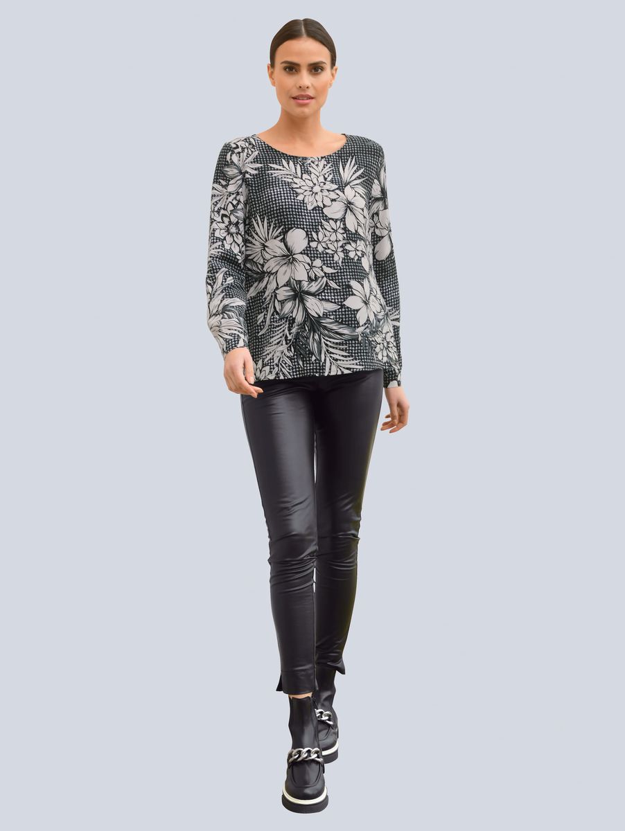 Schlupfbluse mit Floral- und Hahnentrittmuster