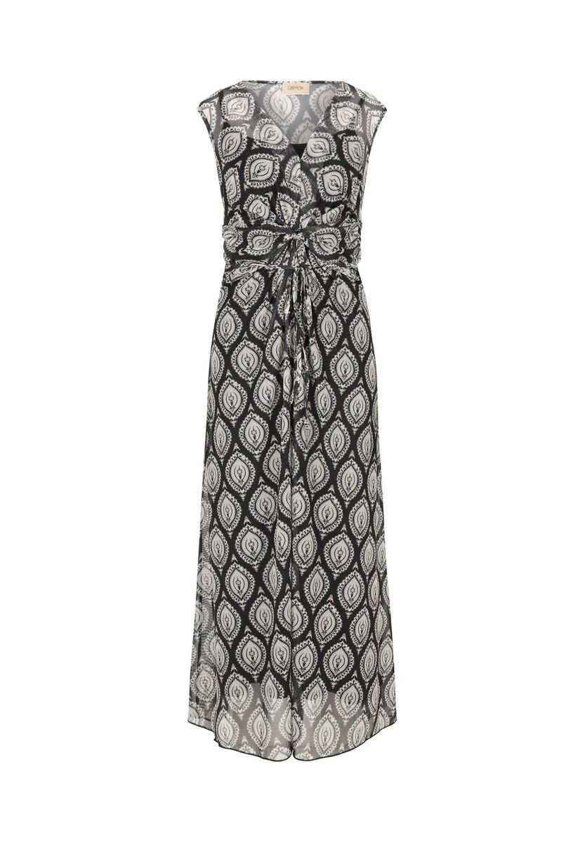 Bedrucktes ärmelloses Midikleid mit Bindegürtel