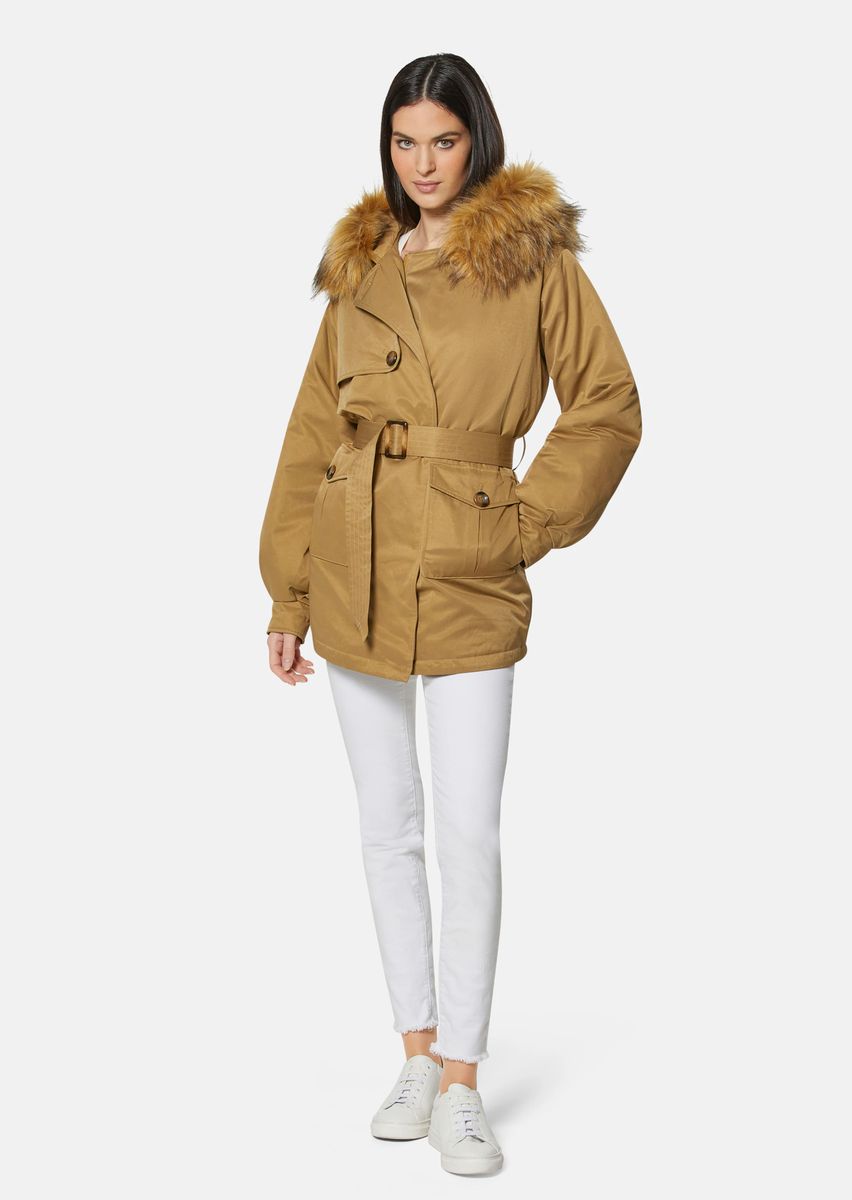 Parka mit Gürtel und Webpelz-Kapuze