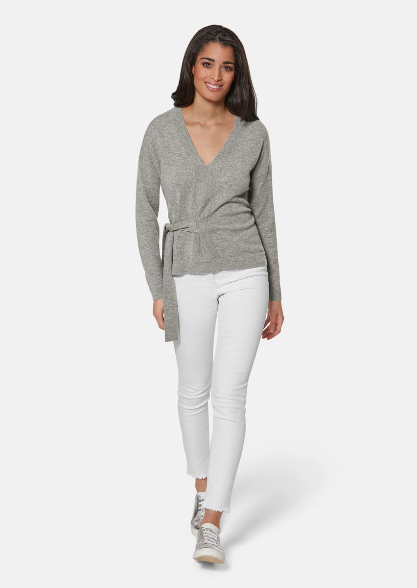 Merino-Kaschmir V-Pullover mit Bindeband