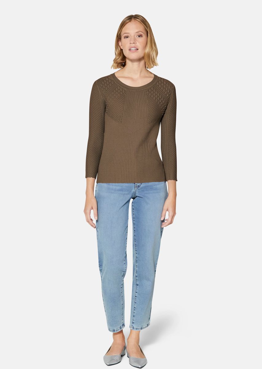 Strukturierter Rippstrickpullover mit 3/4-Arm