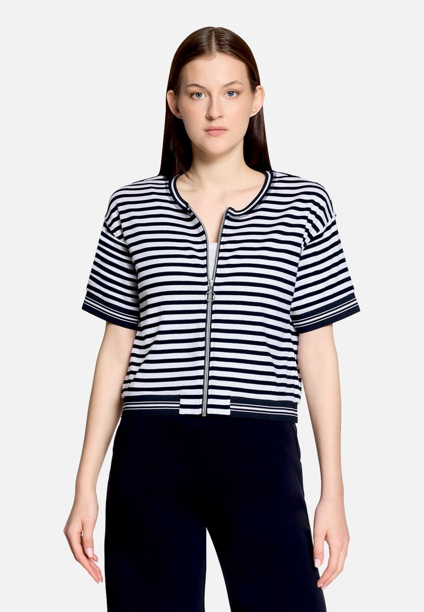 Gestreifte Kurzarm-Shirtjacke mit Reißverschluss