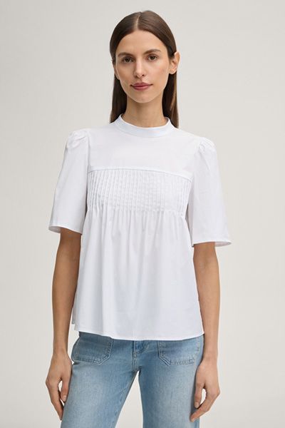 Marc Cain Weiße Baberine Bluse mit plissiertem Detail vorne
