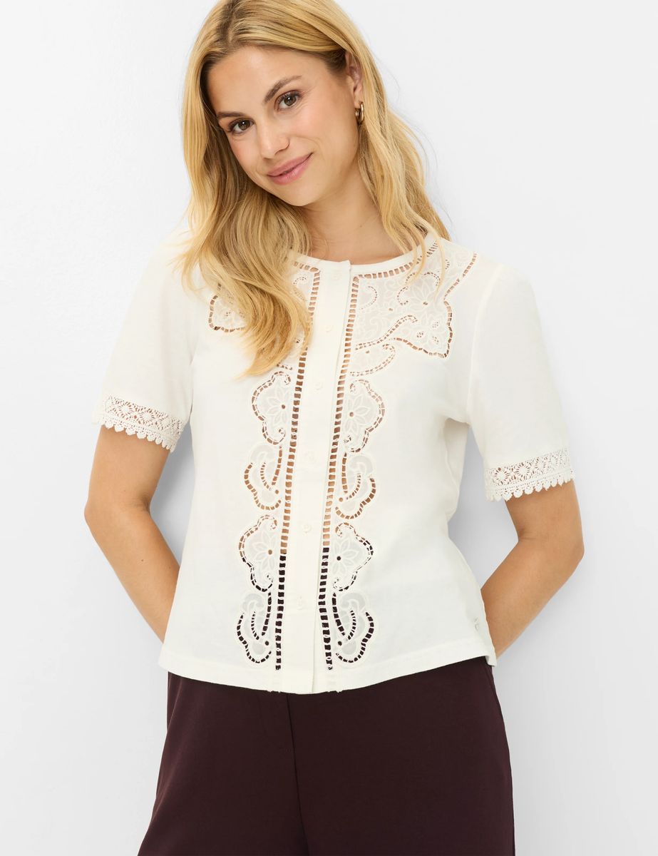 Jersey-Bluse mit Lochstickerei