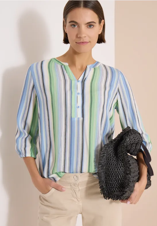 Mehrfarbig gestreifte Bluse mit Schlitz-Ausschnitt