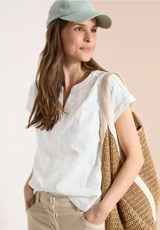 Baumwollbluse mit Palmen-Stickerei