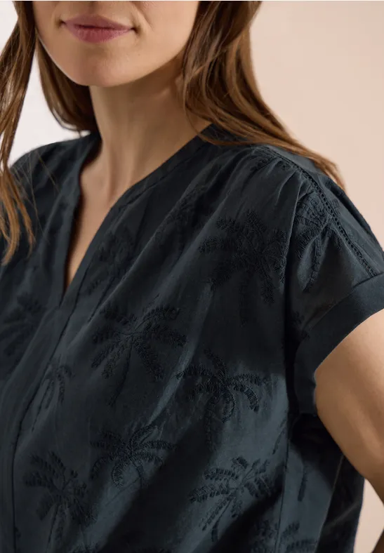 Baumwollbluse mit Palmen-Stickerei