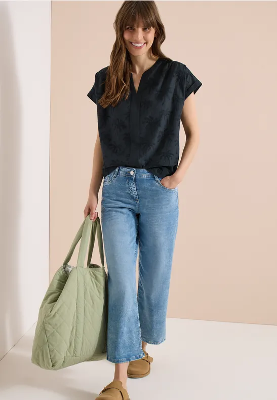 Baumwollbluse mit Palmen-Stickerei