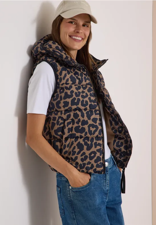 Steppweste mit Kapuze und Leoprint