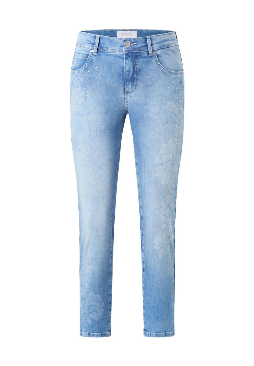 Hellblaue Jeans mit Blumenmuster und Schmucksteinen