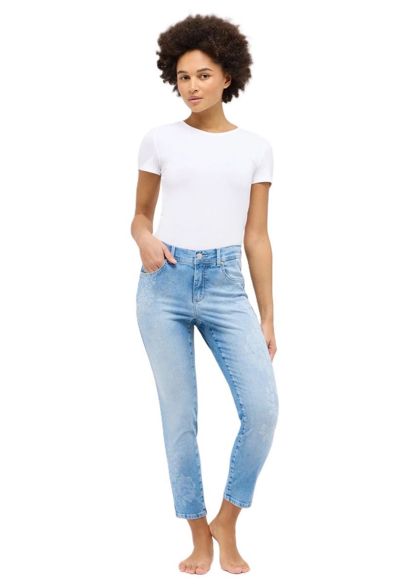 Hellblaue Jeans mit Blumenmuster und Schmucksteinen