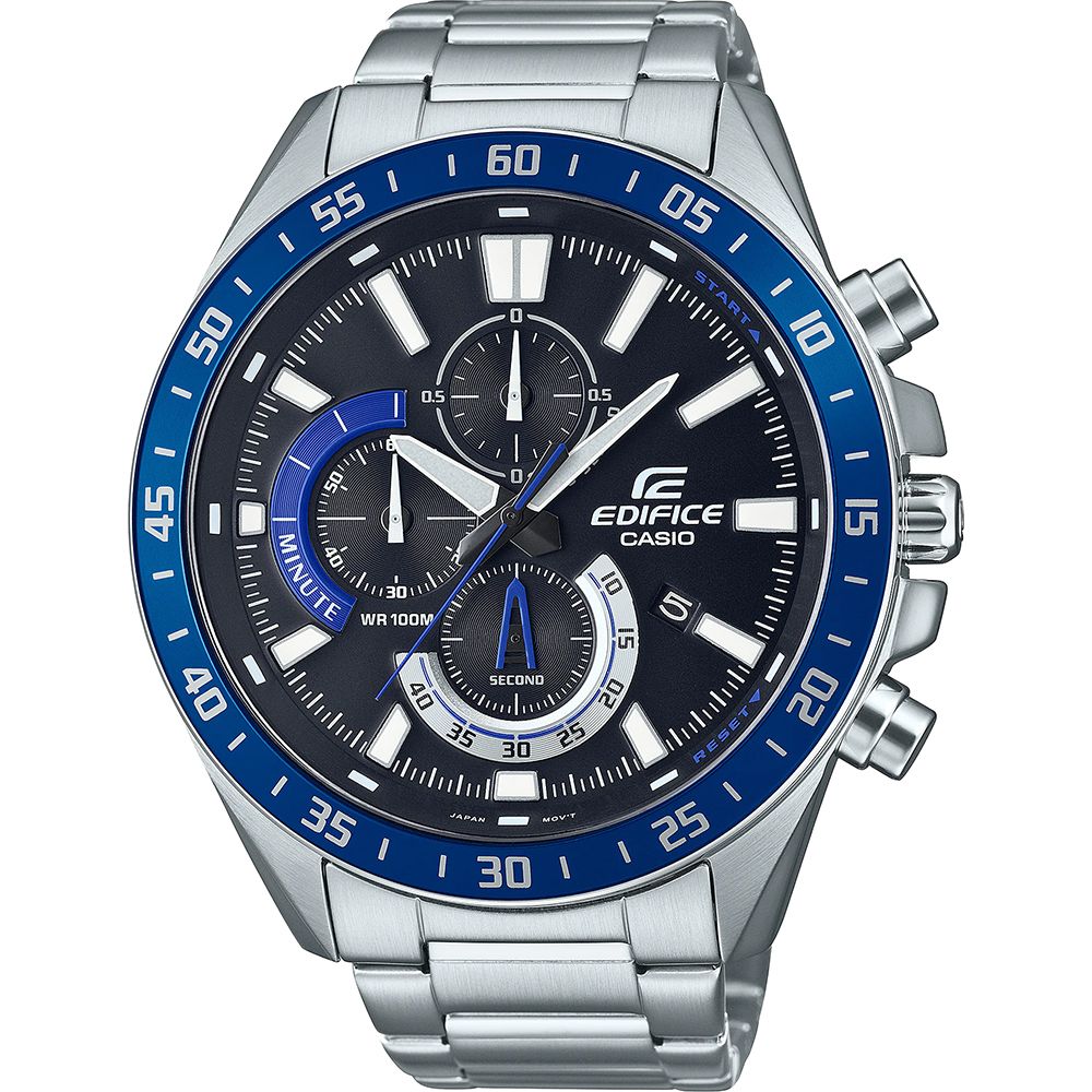 Edelstahl-Chronograph mit blauer Lünette