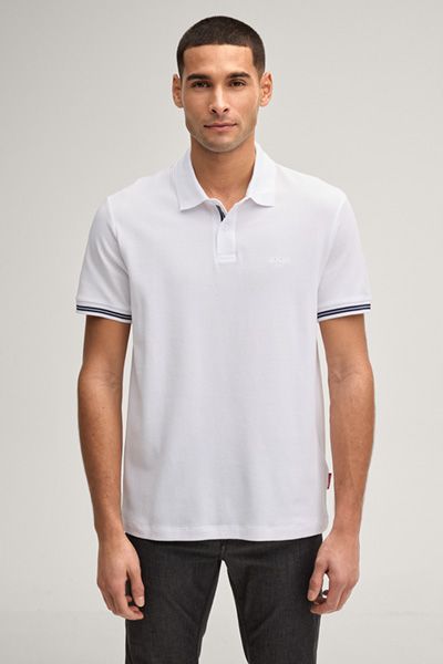 Joop! Amare Weißes Poloshirt Strukturierter Baumwoll-Piqué mit Streifenbündchen