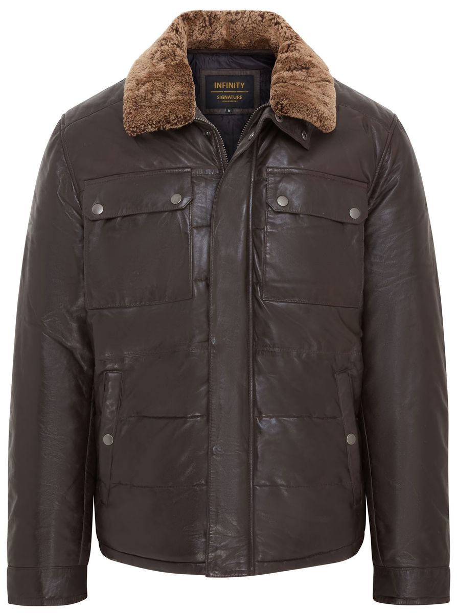 Gesteppte Leder-Pufferjacke mit Lammfellkragen