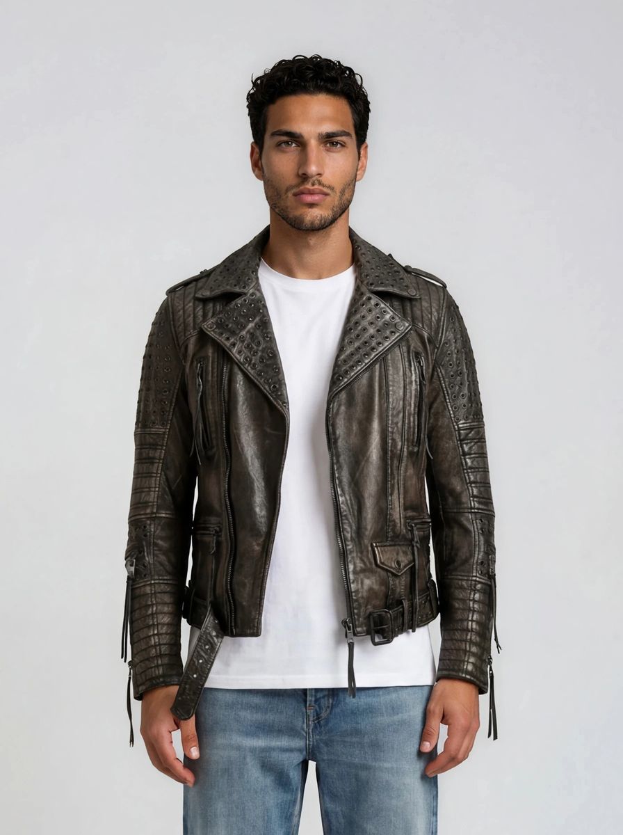 Distressed Biker-Lederjacke mit Nieten
