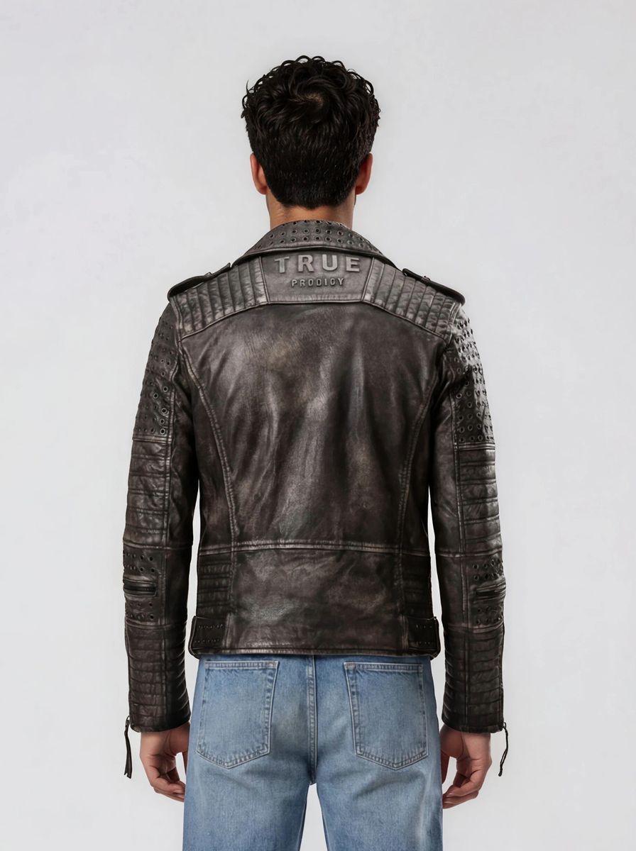 Distressed Biker-Lederjacke mit Nieten