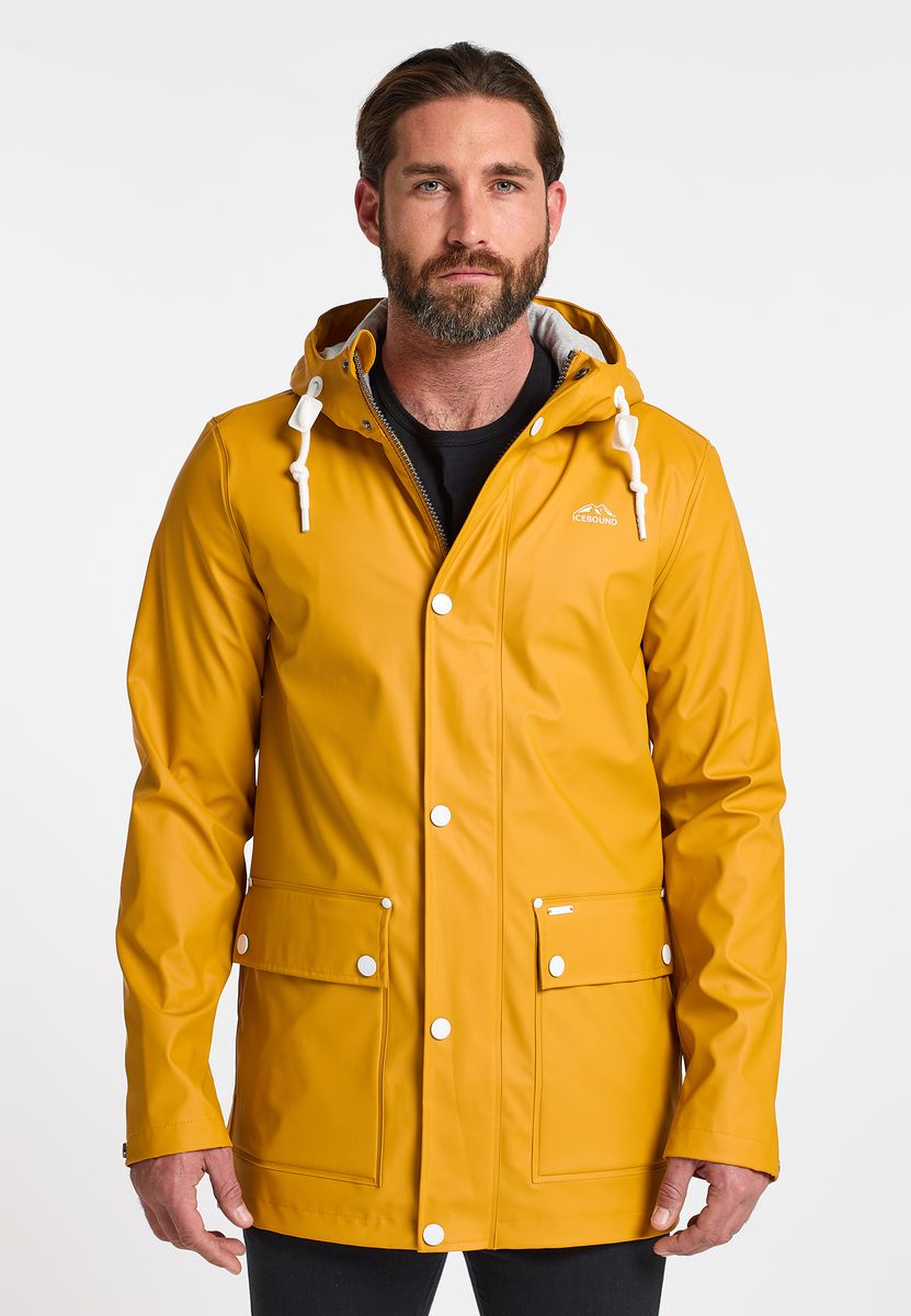 Lange Kapuzenregenjacke mit Beschichtung