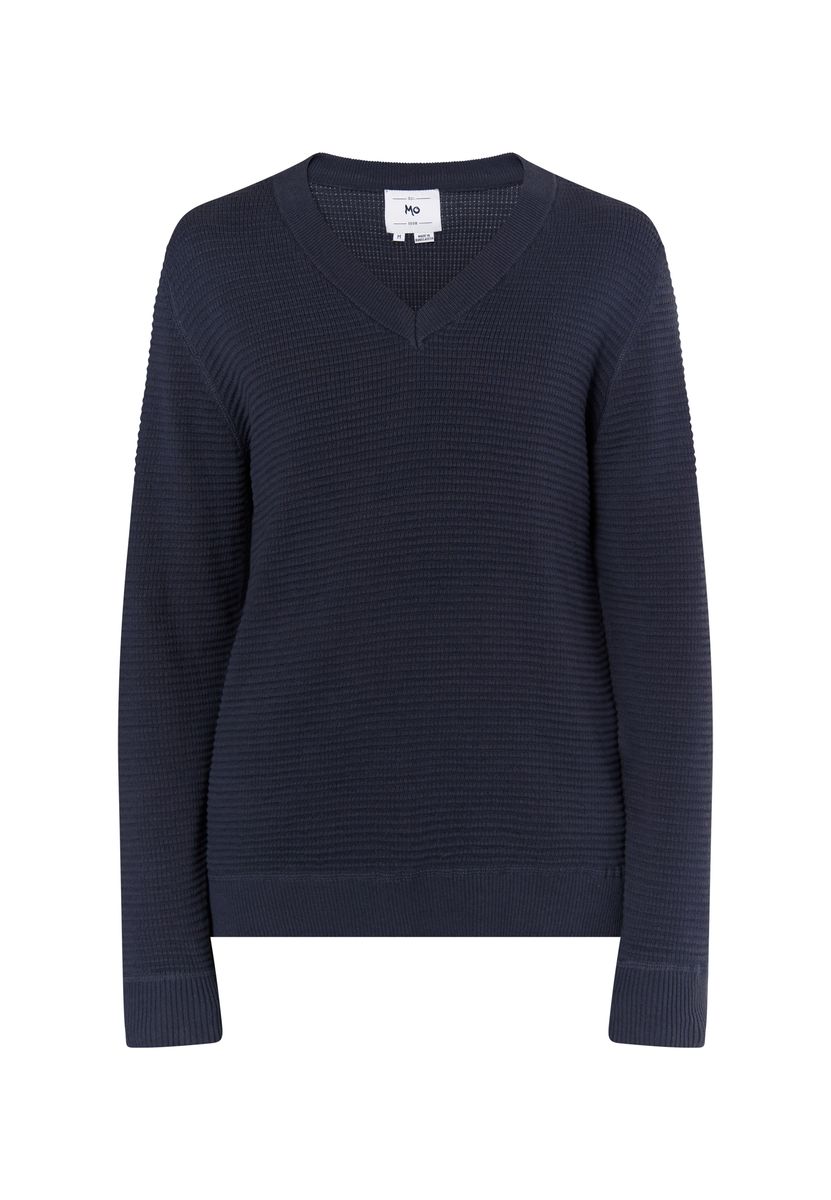 Strukturierter Baumwoll-Strickpullover mit V-Ausschnitt