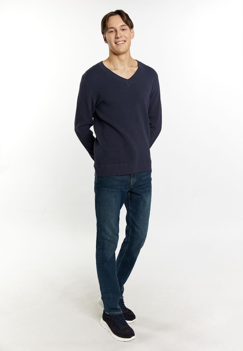 Strukturierter Baumwoll-Strickpullover mit V-Ausschnitt