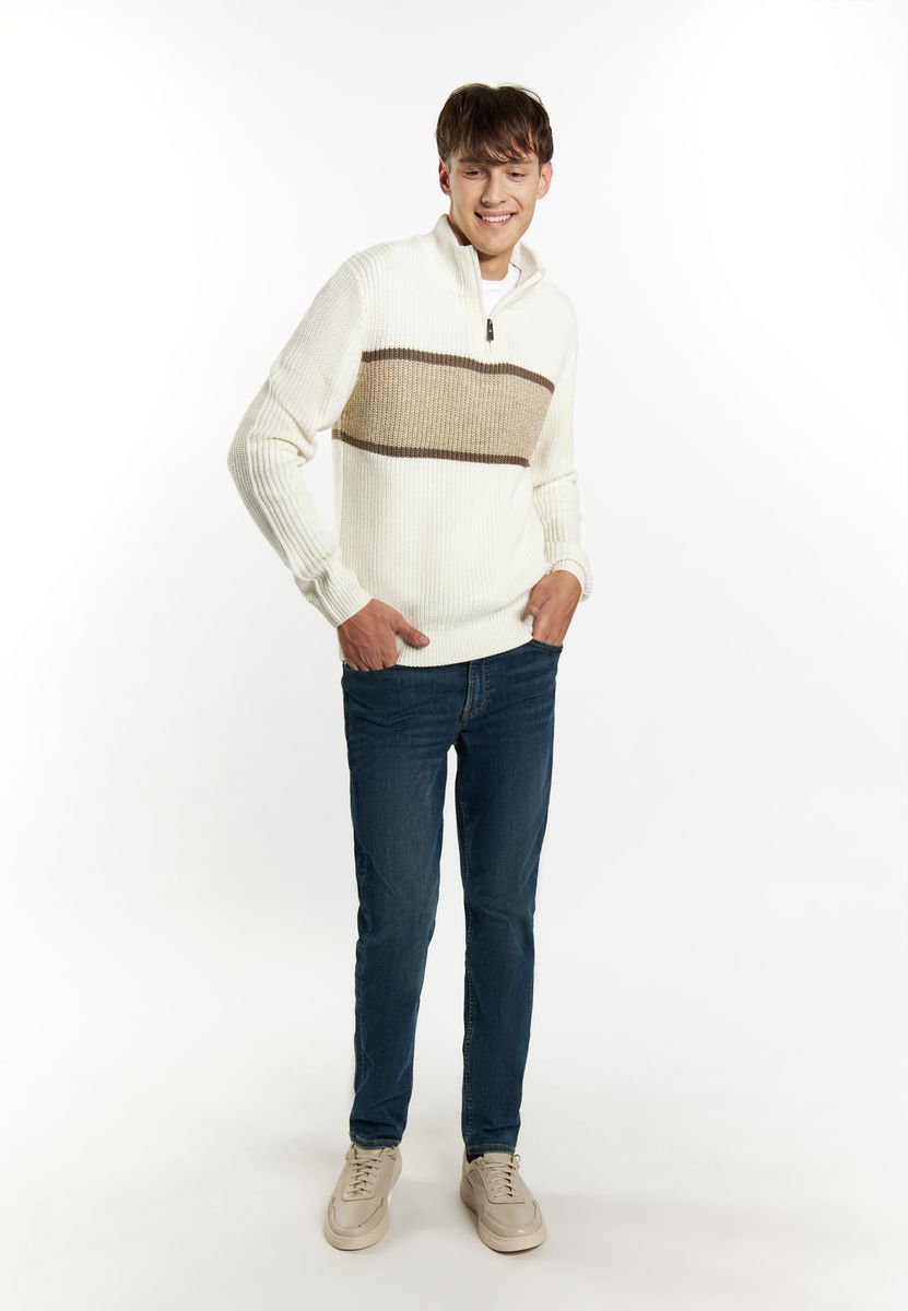 Grobstrickpullover mit Reißverschluss und Bruststreifen