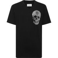 V-Ausschnitt T-Shirt mit Strass-Totenkopf