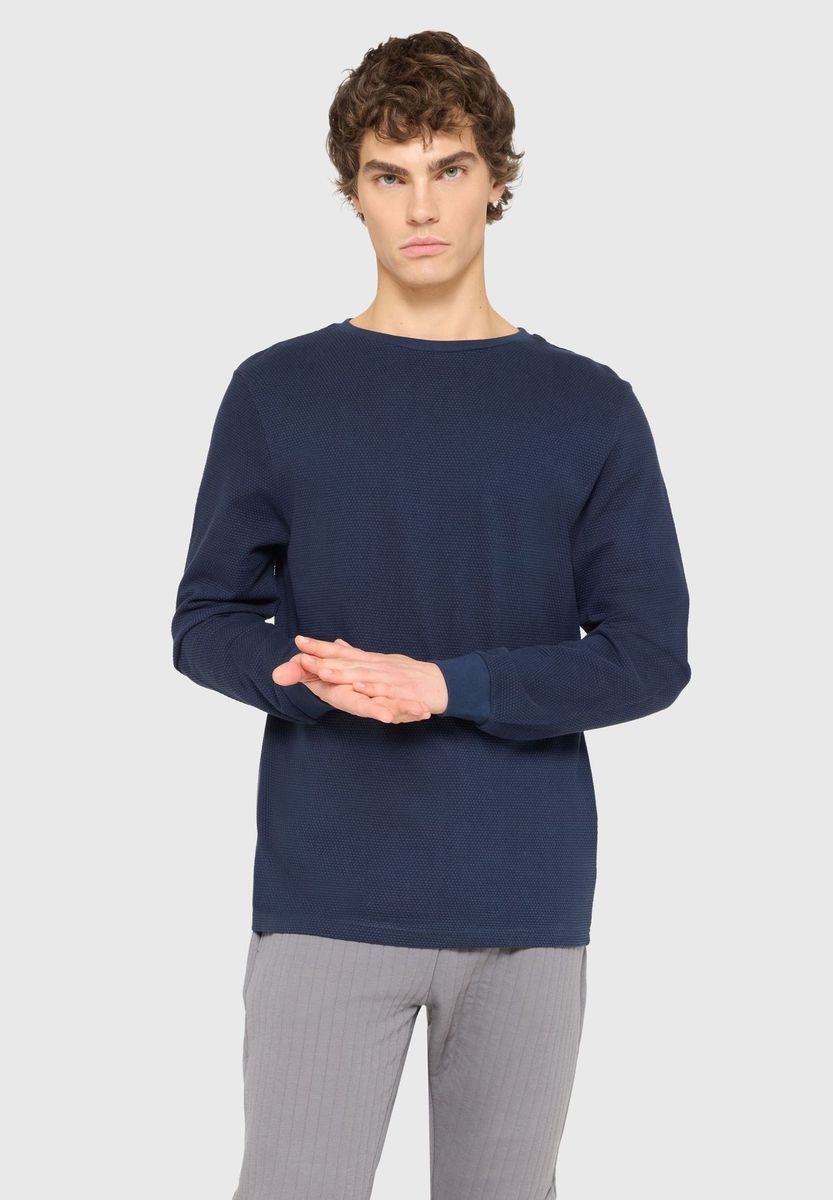 Herren Marineblaues Struktur-Baumwoll Langarmshirt