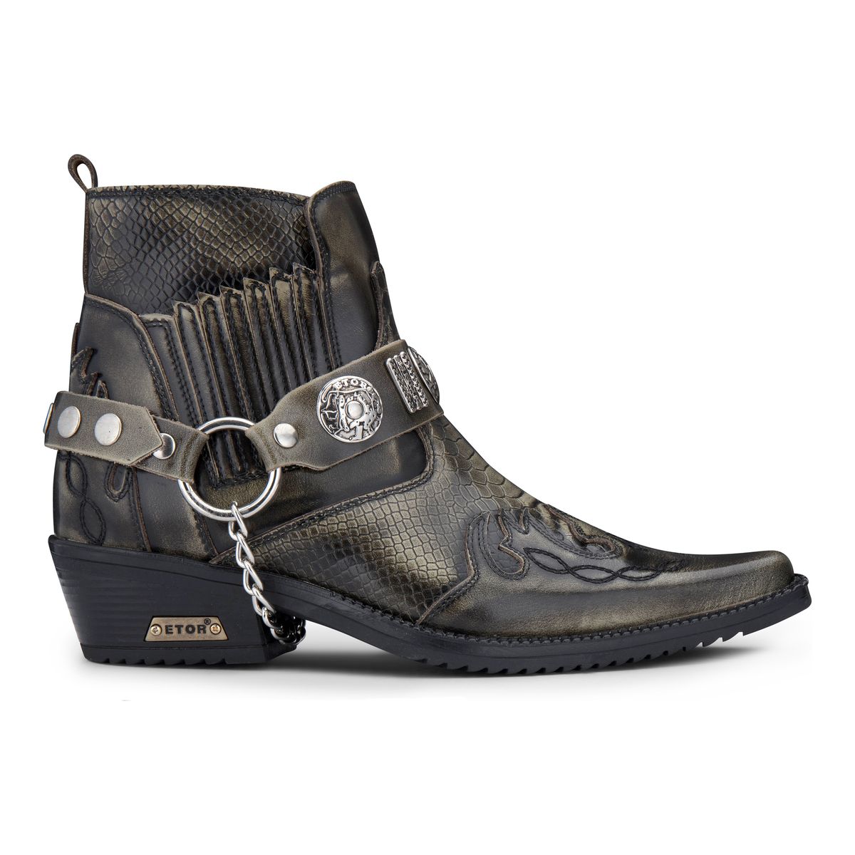 Winklepicker-Harness-Silhouette mit Schlangenprägung