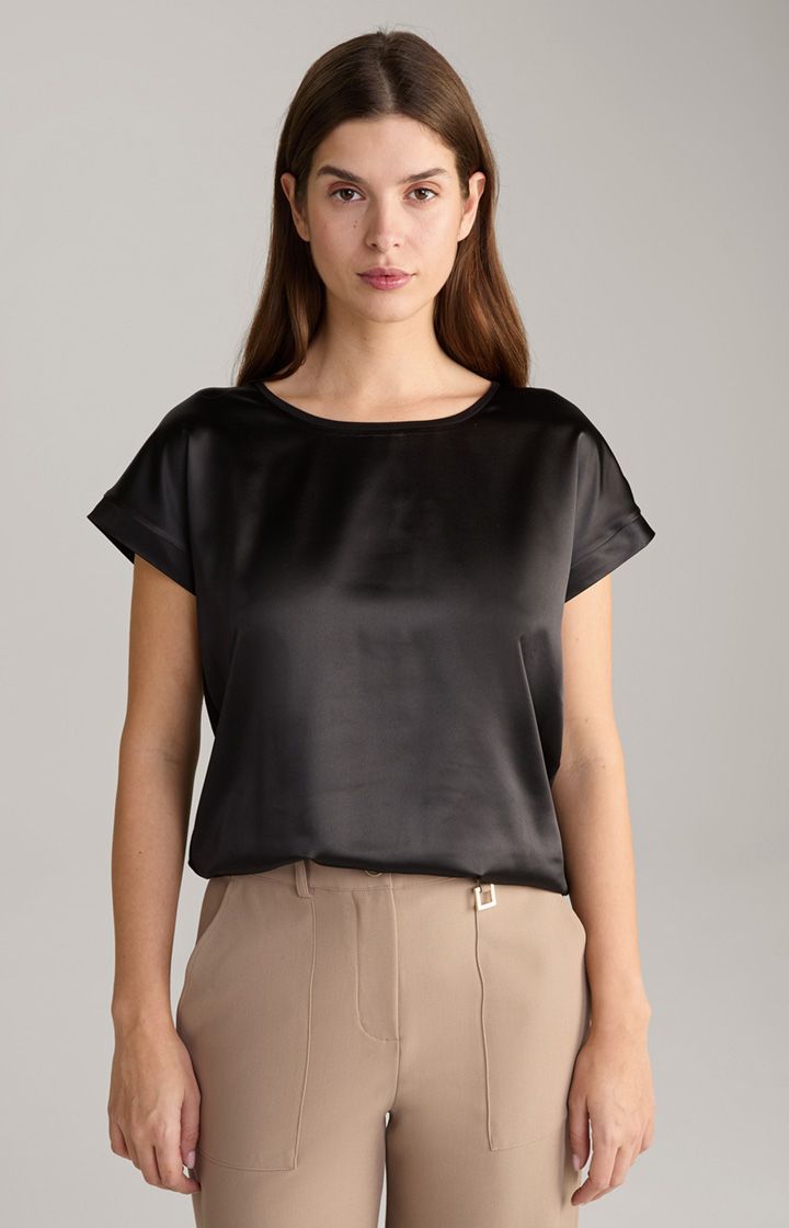 Satin-Shirt Taila in Schwarz mit Jersey-Rückseite und Manschettenärmeln